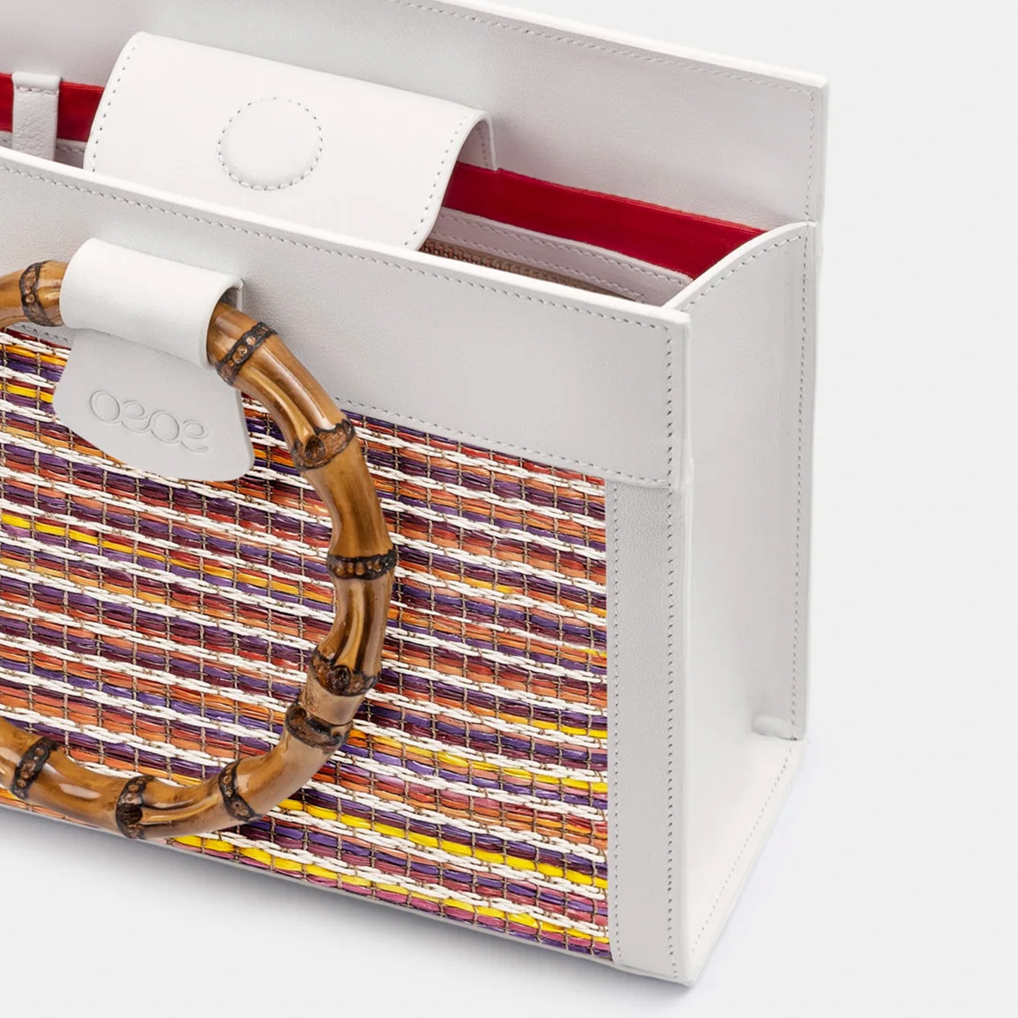 Bolso Mini Pequeño en Rafia de Colores y Piel Blanca para Mujer