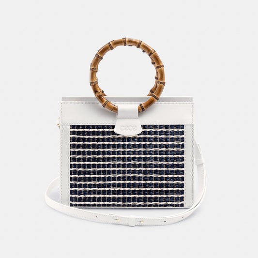 Bolso pequeño mini de rafia azul y piel blanca para mujer