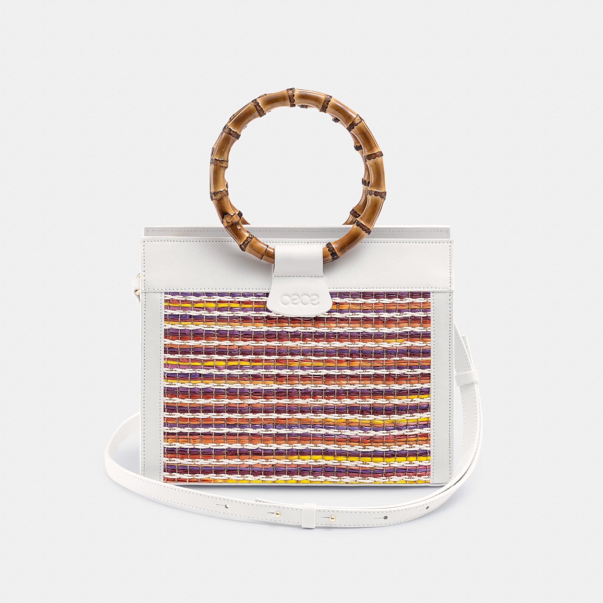 Bolso Mini Pequeño en Rafia de Colores y Piel Blanca para Mujer