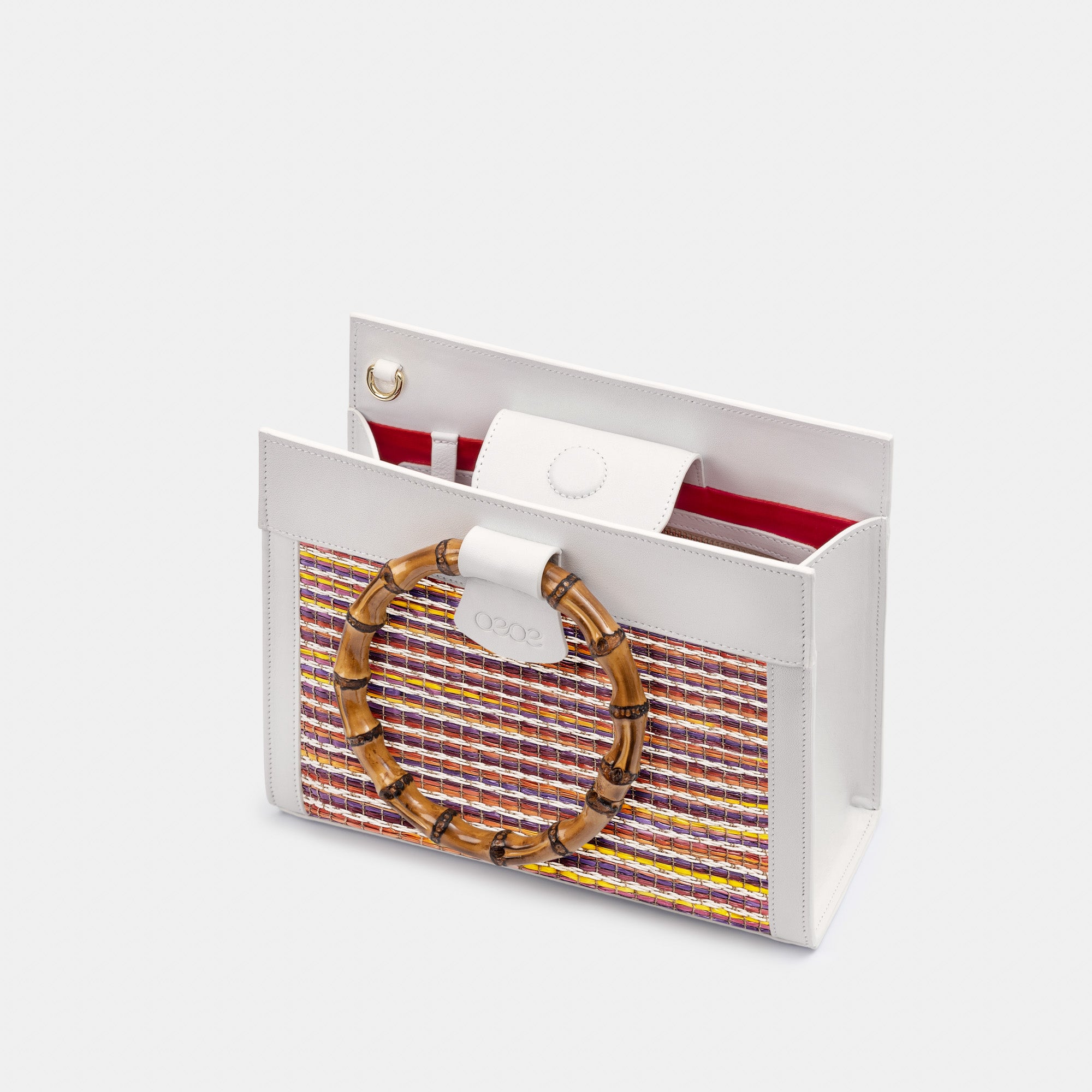Bolso Mini Pequeño en Rafia de Colores y Piel Blanca para Mujer