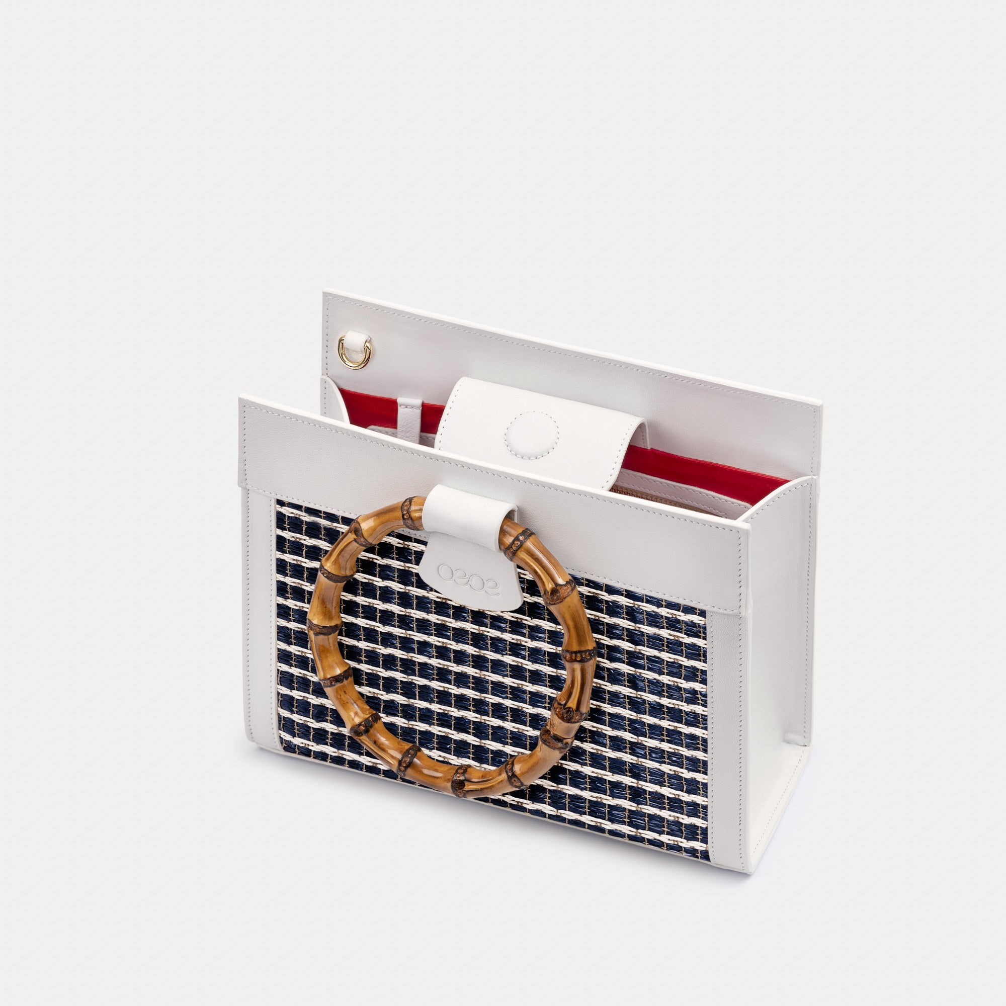 Bolso pequeño mini de rafia azul y piel blanca para mujer