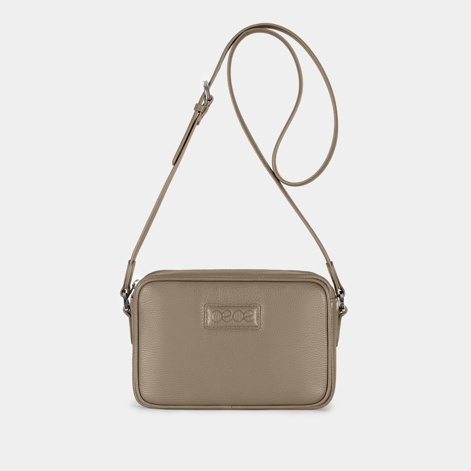 Bandolera pequeña en piel de vacuno en color taupe para mujer